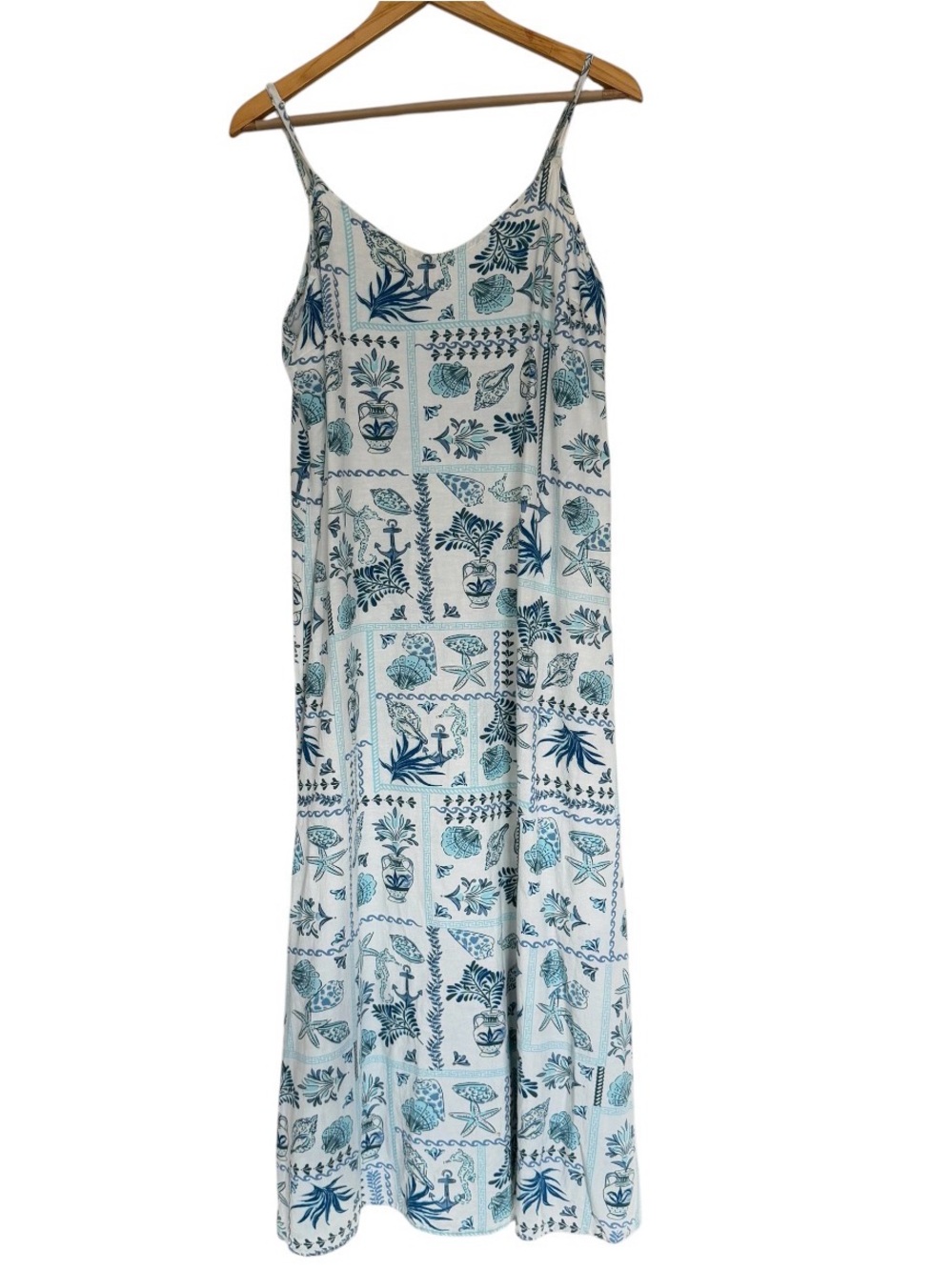Japna Long Midi Dress Coastal Sea Side  Nautical Flax & Cotton Blend Sz L A Line